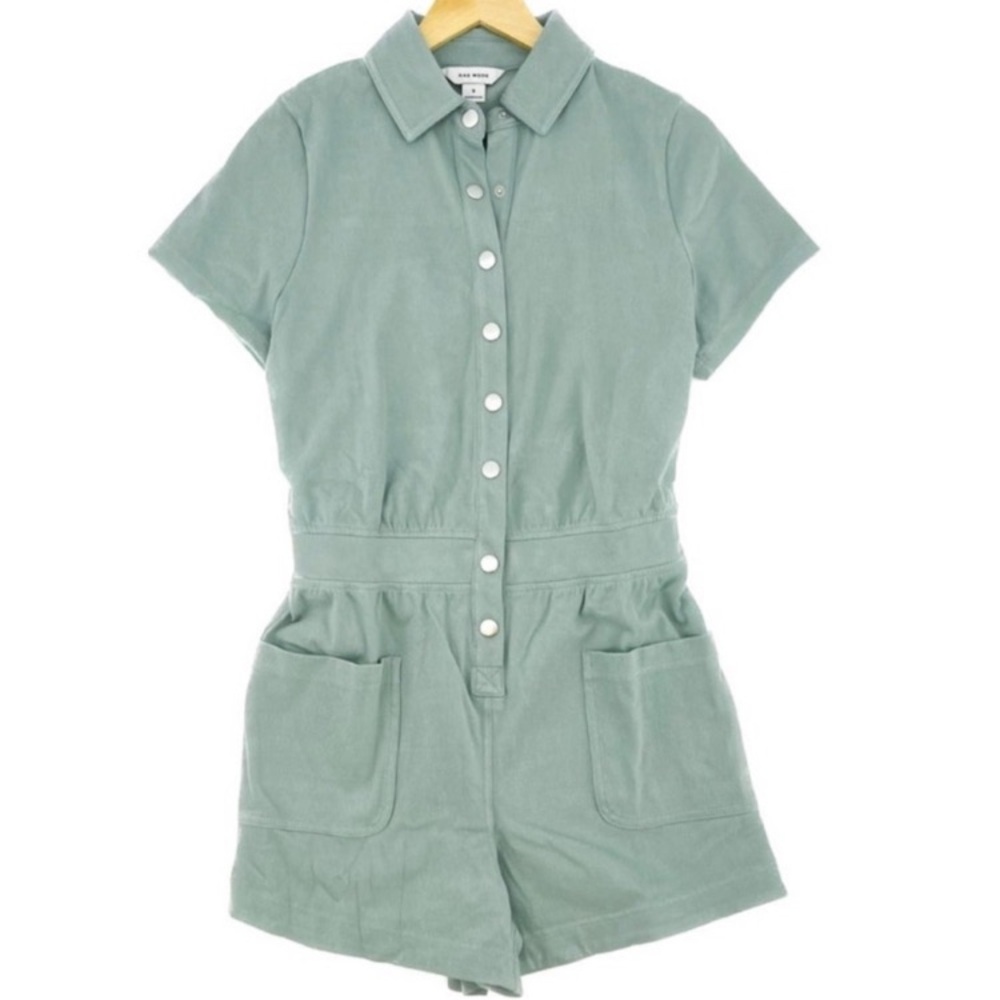 Twill short sleeve romper - collared, snap closure, stretchy, pockets sage green